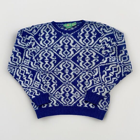 Vintage 1990s J.Crew Outfitters Hand Knit Shetland Wool Sweater Blue Gray L - Picture 1 of 13